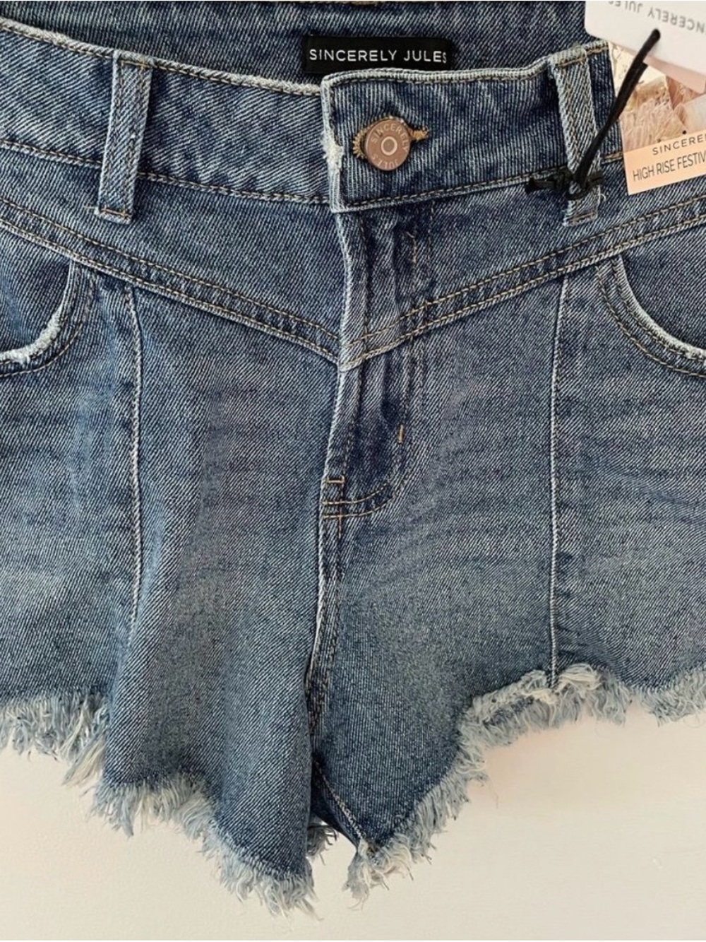 Sincerly Jules high raise wedge denim shorts Festival shorts - Picture 2 of 7